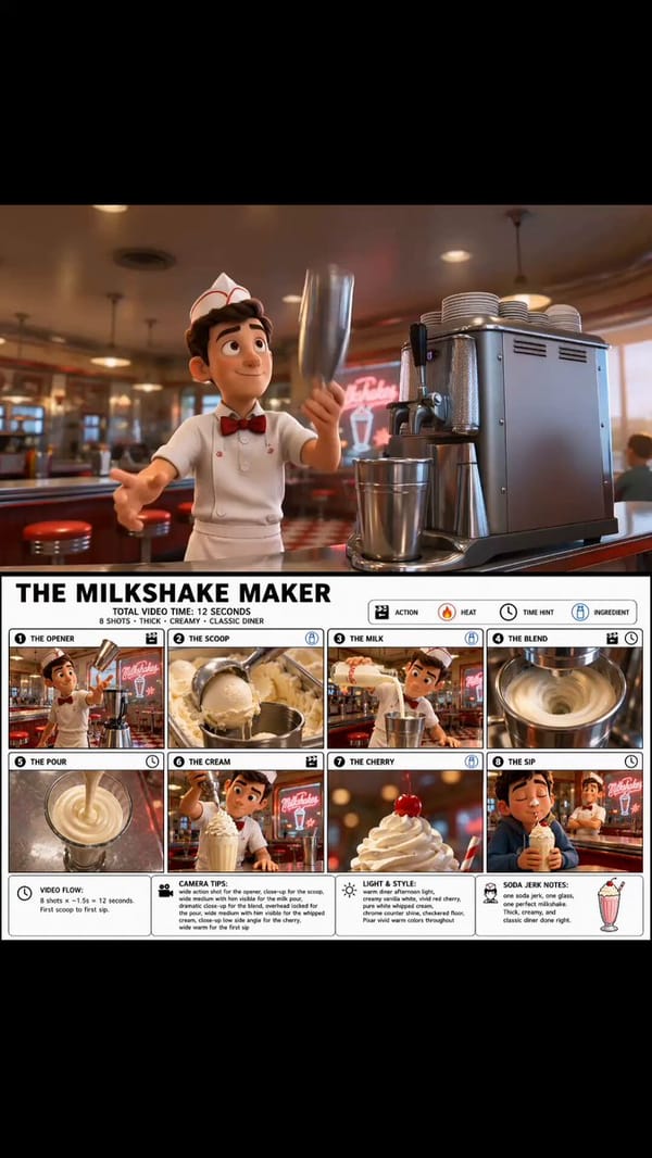Create a crisp, clean infographic storyboard poster for THE MILKSHAKE MAKER. Wide 16:9 layout, whit… prompt example