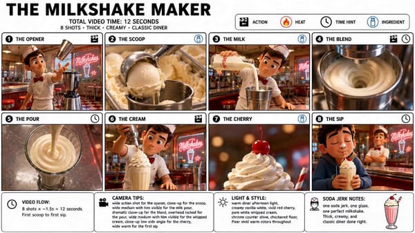 Create a crisp, clean infographic storyboard poster for THE MILKSHAKE MAKER. Wide 16:9 layout, whit… prompt example