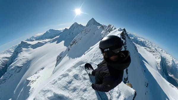 text[Subject: Solo snowboarder in matte black tactical winter gear] :: [Kinetics: Extreme downhill… prompt example