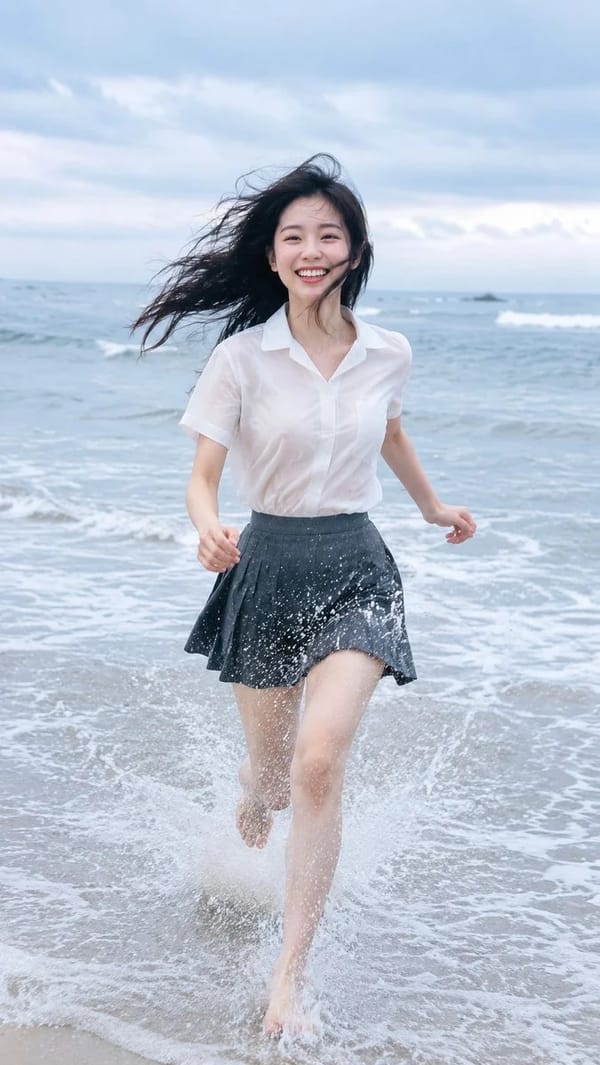 9:16 vertical photorealistic beach running portrait. An adult East Asian young woman, 20–25 yea…