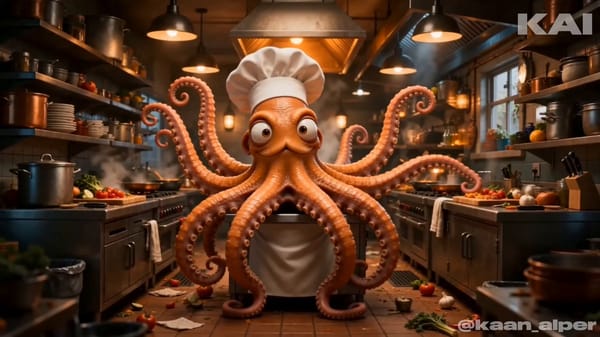 Pixar-style cinematic comedy animation, vibrant chaotic kitchen, warm orange-red color palette,…