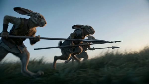 A lean hare warrior in a chainmail vest fights with a long spear on windswept coastal dunes at dawn… prompt example
