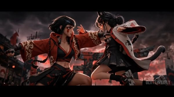 [REF] @Image 1 controls Fighter A identity: fox-eared girl in white cloak, black braid, red/bla…
