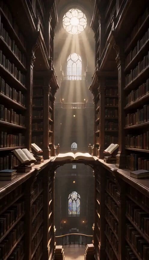 A single uninterrupted cinematic shot begins inside an unimaginably vast library stretching beyond… prompt example