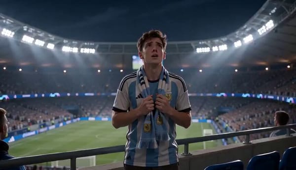 A cinematic 15-second World Cup fan transformation sequence. Opening shot: a normal football fa…
