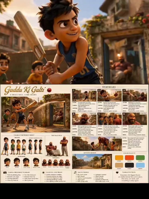 GUDDU KI GALTI – Pixar-Style 3D Animated Short Create a heartwarming Pixar-quality 3D animated shor… prompt example