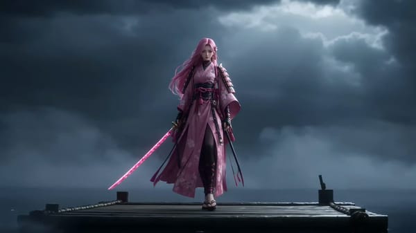Two elite swordsmen face each other on a vast dark lake under storm clouds. The lake surface is…