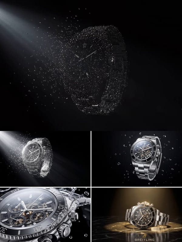 Asset Focus: Breitling Stainless Steel Chronograph Technical Spec: Ray-Traced CGI, Cinematic Volume… prompt example