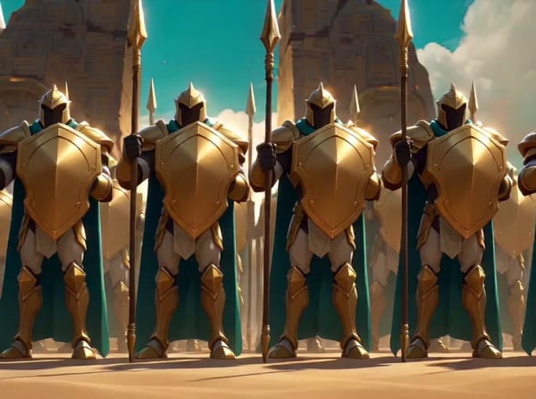 Epic action cinematic, Riot Games Shurima painterly CG style, 15 seconds. Consistent visual tre…