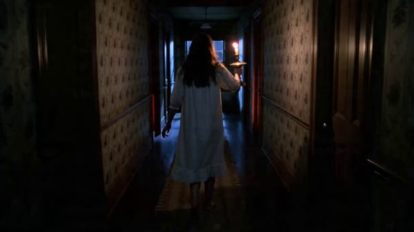 Single continuous shot, one take, no cuts, cinematic oner, photorealistic, 1990s horror film st…