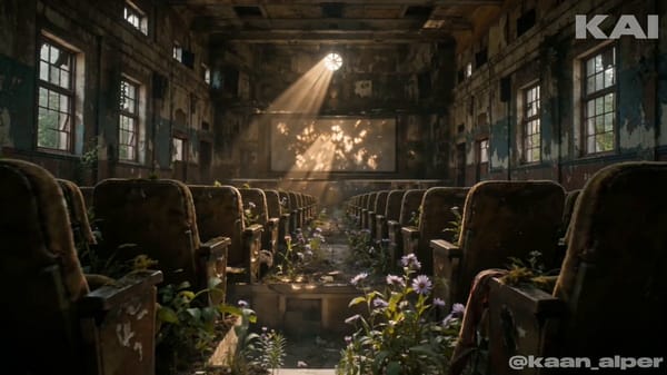 Photoreal abandoned cinema interior, melancholic beauty, nature reclaiming human space, subtle…