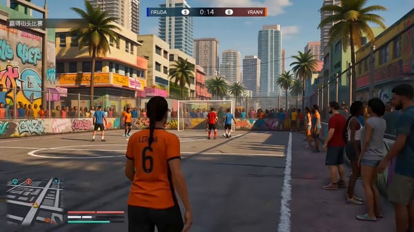 Cinematic third-person gameplay sequence in the visual style of GTA 6, featuring Lucia as the p…