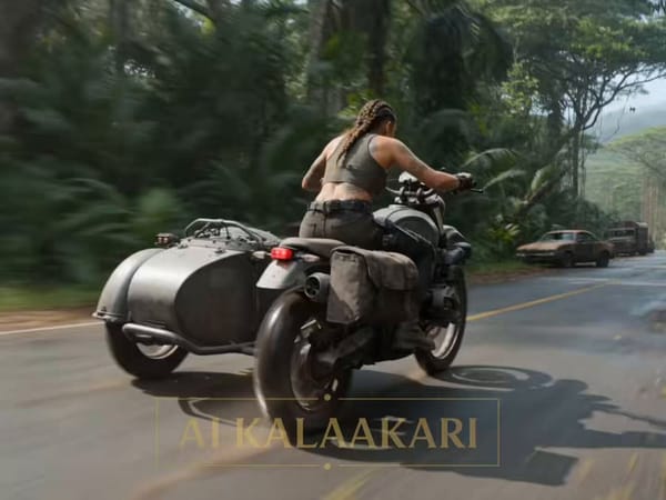 A hyper-real cinematic sequence set on a narrow forest highway cutting through dense tropical r…