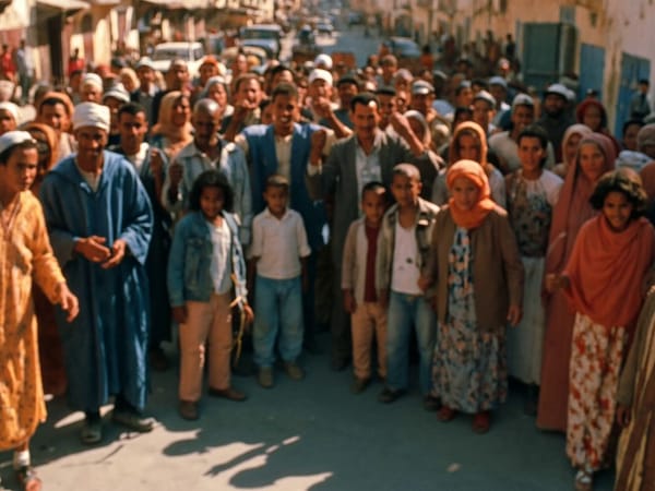 Heavy film grain. Old 35mm footage look. [0s-1s] Wide shot of the crowd as in @Image1 — people…