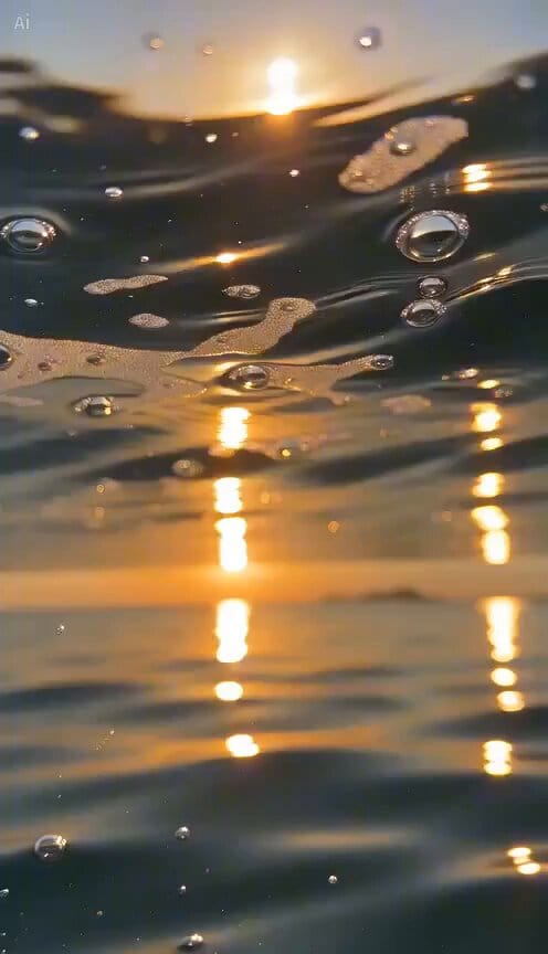 Extreme close-up 4K cinematic shot of crystal clear ocean water ripples at sunset. High definit…