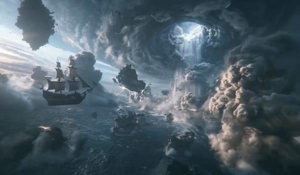 Epic fantasy cinematic film scene. A massive dark fantasy sailing ship is trapped in a supernat…