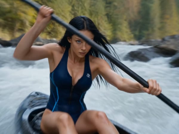 Create a hyper-cinematic 15-second continuous single-take extreme solo canoe rafting video. Ima…