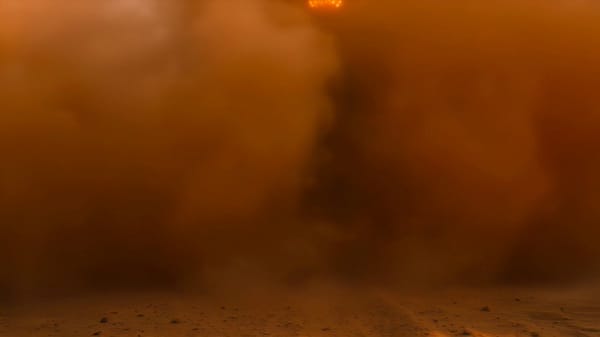 Create a 15-second 16:9 ultra-cinematic desert motorcycle chase. A masked rider on a brutal cus…