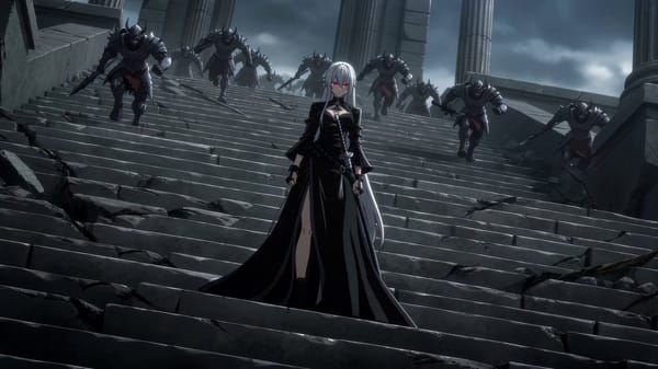 A deadly manga heroine with long silver hair, piercing crimson eyes, athletic silhouette, black…