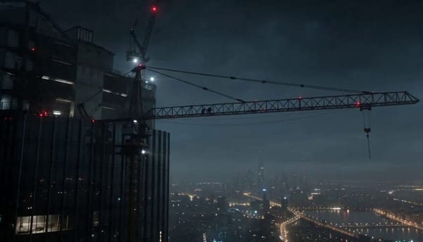 Hyper-realistic cinematic action sequence, 15 seconds, aspect ratio 16:9. Night. High above a f…