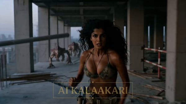 A hyper-real cinematic action sequence set in an active construction site at dusk. Exposed reba…