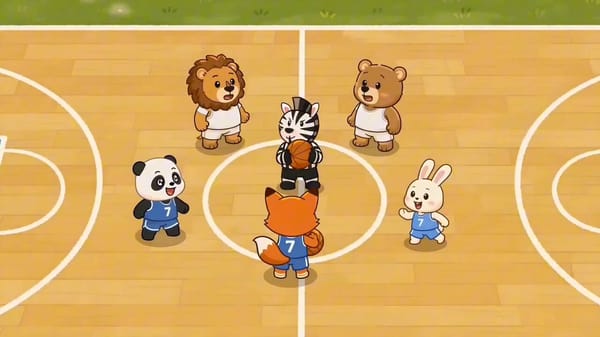 Create a 15-second cute animal basketball animation based on the reference image. Keep the same…