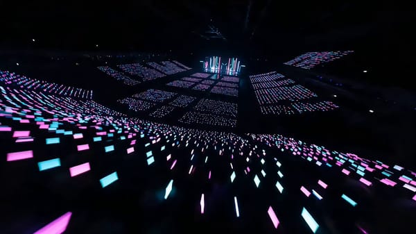 5 characters (1 Korean female K-pop solo idol + 4 identical white-masked backup dancers) continue e… prompt example