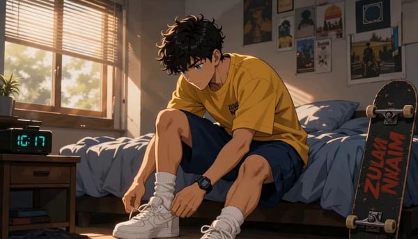 A 15-second anime semi-realistic coming-of-age skate sequence following Zulkar Naim exactly as desi… prompt example