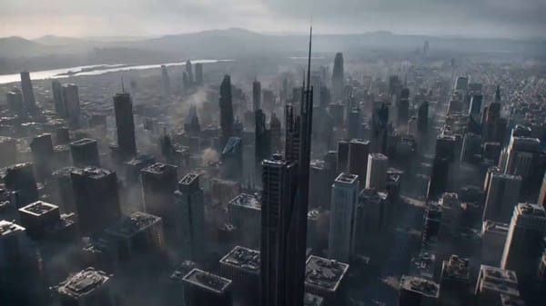 A stormy midnight city covered in heavy rain. Towering skyscrapers disappear into thick fog whi…