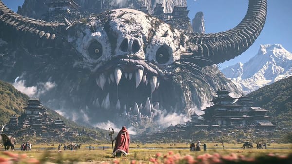 Cinematic photorealistic footage, epic fantasy landscape, bright natural daylight with atmosphe…