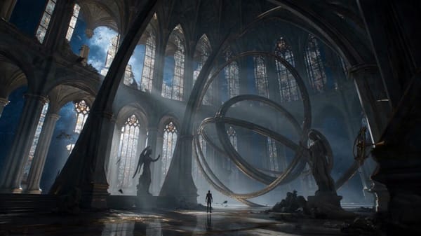 15-second ultra-cinematic sci-fi fantasy transformation sequence inside a colossal abandoned ce…