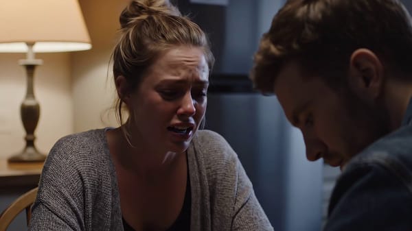 "A dimly lit kitchen late at night. A woman sits across the table from her estranged brother; her v… prompt example