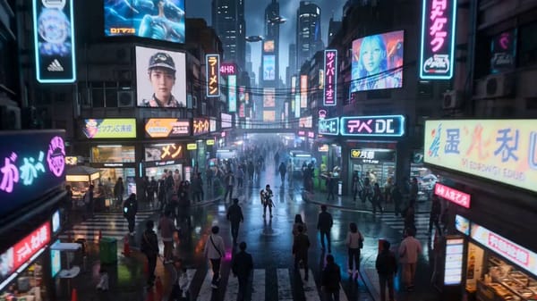スタイル:フォトリアル。実写映画。グルメCMの技法を使った映像。 概要:サイバーパンクな100年後の渋谷スクランブル交差点で、画像1の女性が画像2のカップラーメンを美味しそうに食べる動画。カ…