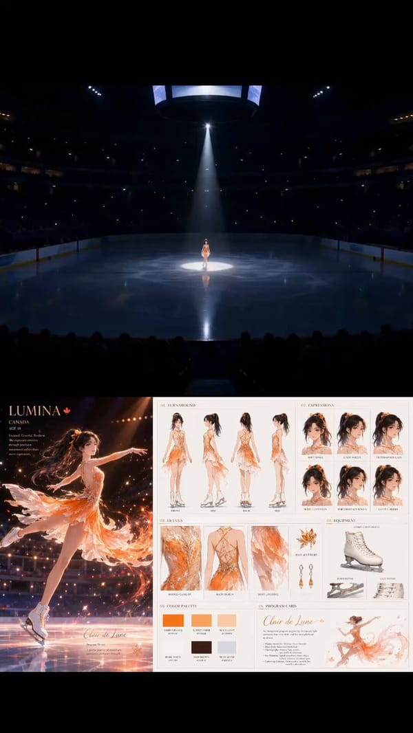 Create a hyper-cinematic continuous single-take Japanese anime-style figure skating performance…