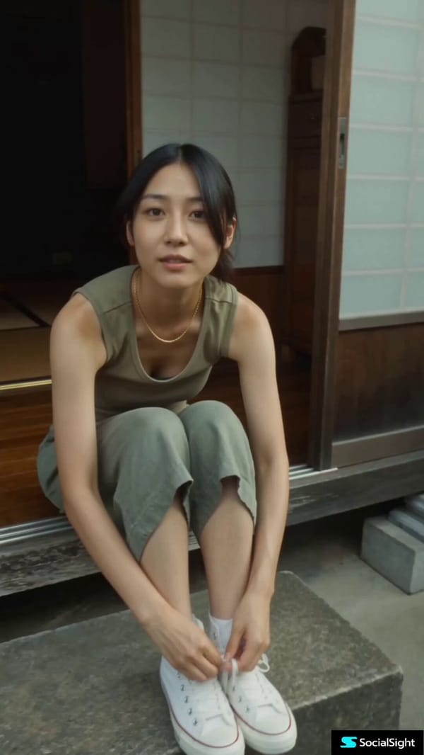 Main subject: young Japanese woman, early 20s, natural everyday appearance, faded sage-green sl…