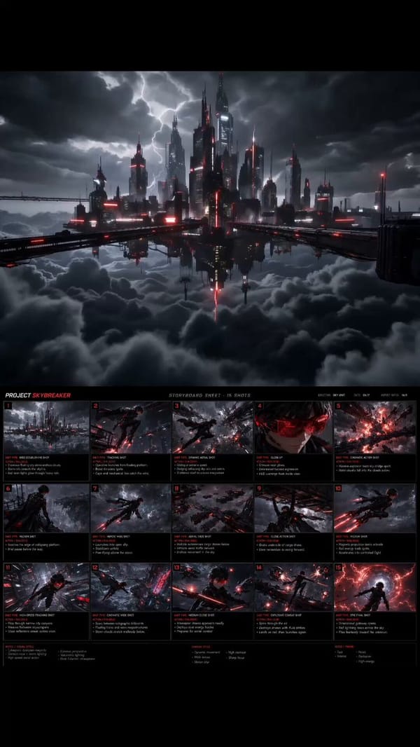 video prompt: Cinematic sci-fi aerial action, floating cyberpunk megacity above endless storm c…
