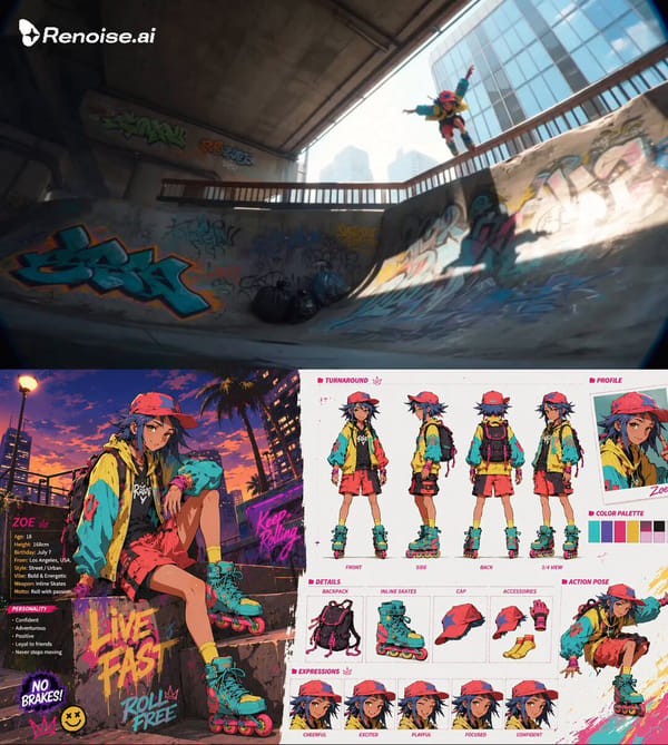 Create a hyper-cinematic 15-second extreme speed street skating video featuring the provided ch…