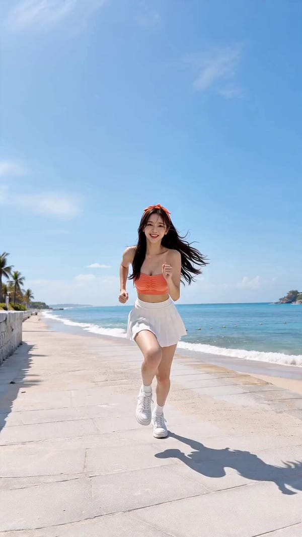 Theme: Summer Beach K-pop Dance Character: young adult East Asian K-pop dancer, realistic face, nat… prompt example