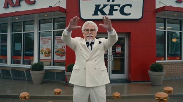 (KFC — white suit, white goatee, glasses, cane) vs prompt preview