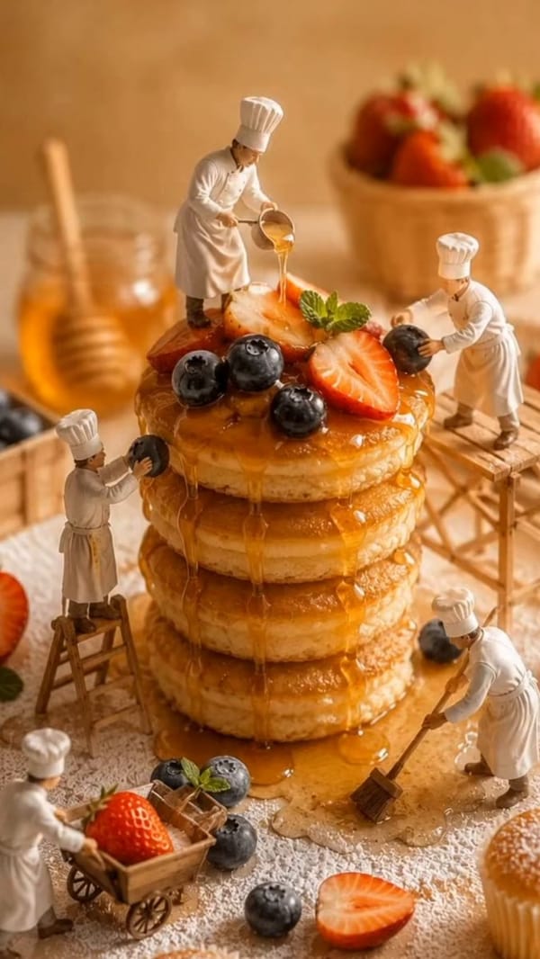 A cinematic 10-second macro video inside a miniature bakery world built around a towering stack…