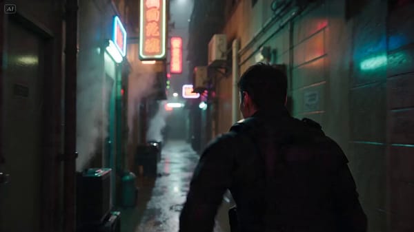Main subject: man in his early 30s, black tactical jacket, short dark hair, intense focused exp…