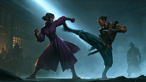 the fight, epic action scene, two enemies are fighting, scene is an enemy dodging a kick, reali…