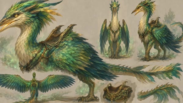 SCENE CONTEXT @forest-girl flies on @fantasy-dragon, a large flying dragon-bird creature, through a… prompt example