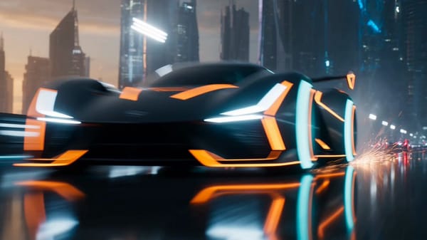 Create a 15-second 16:9 ultra-cinematic futuristic racing finale. Subject: A futuristic hyperca…