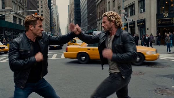 Cinematic action scene on a busy New York City street during the day, surrounded by yellow taxi…