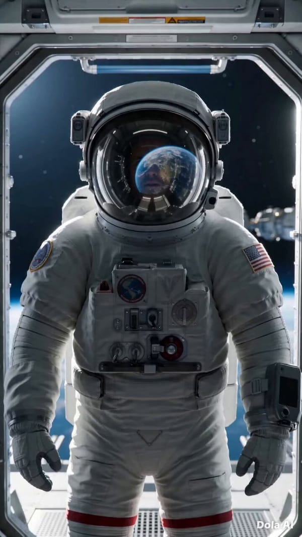 A cinematic 10-second sequence of a lone astronaut standing at the open airlock of a massive sp…