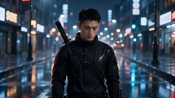 The man from the image stands on a dark city street at night, light rain falling. Blue neon lig…