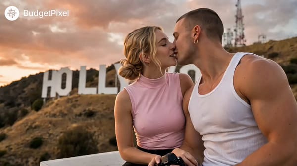 Cinematic 6-second drone shot at dusk. A young couple @[Image 1](image_1) passionately kissing…