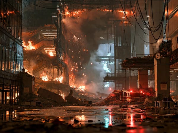 Ruined high rise emergency response tower at night, engulfed in catastrophic fire, brutal arena…