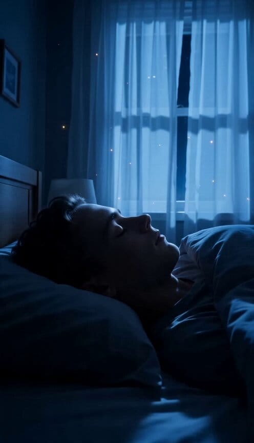 A single uninterrupted cinematic shot begins in a quiet bedroom just before sunrise. Soft blue…